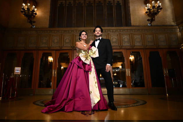 OPERA AUSTRALIA 70TH ANNIVERSARY, Australian soprano Stacey Alleaume (left) and and Tongan tenor Filipe Manu pose for a photo after performing for the public as part of Opera Australia™s 70th anniversary at the on the steps of the Regent Theatre in Melbourne, Wednesday, April 29, 2026. ( NO ARCHIVING MELBOURNE VICTORIA AUSTRALIA  Copyright: xJOELxCARRETTx 20260429171086575526
