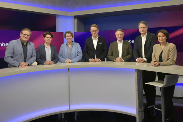 Michael Bröcker, Anna Lehmann, Bettina Böttinger, Carsten Linnemann, Nikolaus Blome, Jakob Augstein und Sandra Maischberger in der ARD-Talkshow maischberger im Studio Berlin Adlershof. Berlin, 29.04.2026