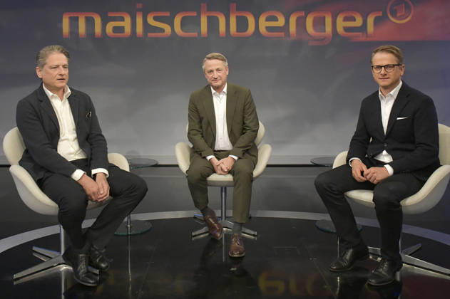 Jakob Augstein, Nikolaus Blome und Carsten Linnemann in der ARD-Talkshow maischberger im Studio Berlin Adlershof. Berlin, 29.04.2026
