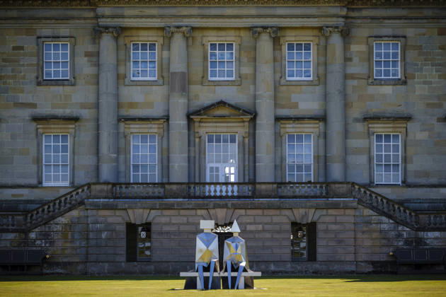 Lynn Chadwick Exhibition, Houghon, UK Houghon, UK, 29, April,2026 Opening of Lynn Chadwick retrospective at Houghton Hall in Norfolk showing two decades of the captors work at the home of Lord Cholmondeley. Claude Koenig (Chadwick’s assistant for 20 years), Rungwe Kingdon (both of Pangolin Editions foundry) and Sarah Chadwick (his daughter) with Large Barley Fork, which has never been public exhibited.  Copyright: xJasonxByex NINTCHDBPICT001077042139