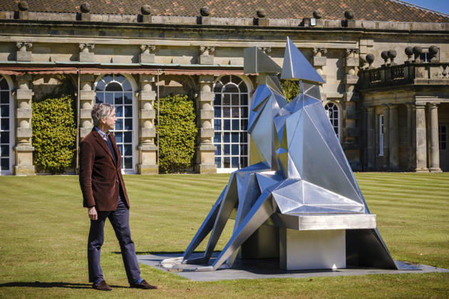 Lynn Chadwick Exhibition, Houghon, UK Houghon, UK, 29, April,2026 Opening of Lynn Chadwick retrospective at Houghton Hall in Norfolk showing two decades of the captors work at the home of Lord Cholmondeley. Claude Koenig (Chadwick’s assistant for 20 years), Rungwe Kingdon (both of Pangolin Editions foundry) and Sarah Chadwick (his daughter) with Large Barley Fork, which has never been public exhibited.  Copyright: xJasonxByex NINTCHDBPICT001077042188