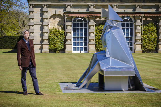 Lynn Chadwick Exhibition, Houghon, UK Houghon, UK, 29, April,2026 Opening of Lynn Chadwick retrospective at Houghton Hall in Norfolk showing two decades of the captors work at the home of Lord Cholmondeley. Claude Koenig (Chadwick’s assistant for 20 years), Rungwe Kingdon (both of Pangolin Editions foundry) and Sarah Chadwick (his daughter) with Large Barley Fork, which has never been public exhibited.  Copyright: xJasonxByex NINTCHDBPICT001077042194