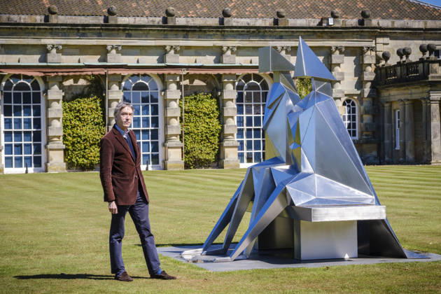 Lynn Chadwick Exhibition, Houghon, UK Houghon, UK, 29, April,2026 Opening of Lynn Chadwick retrospective at Houghton Hall in Norfolk showing two decades of the captors work at the home of Lord Cholmondeley. Claude Koenig (Chadwick’s assistant for 20 years), Rungwe Kingdon (both of Pangolin Editions foundry) and Sarah Chadwick (his daughter) with Large Barley Fork, which has never been public exhibited.  Copyright: xJasonxByex NINTCHDBPICT001077042205