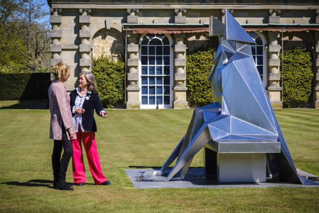 Lynn Chadwick Exhibition, Houghon, UK Houghon, UK, 29, April,2026 Opening of Lynn Chadwick retrospective at Houghton Hall in Norfolk showing two decades of the captors work at the home of Lord Cholmondeley. Claude Koenig (Chadwick’s assistant for 20 years), Rungwe Kingdon (both of Pangolin Editions foundry) and Sarah Chadwick (his daughter) with Large Barley Fork, which has never been public exhibited.  Copyright: xJasonxByex NINTCHDBPICT001077042239