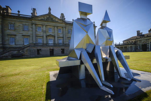 Lynn Chadwick Exhibition, Houghon, UK Houghon, UK, 29, April,2026 Opening of Lynn Chadwick retrospective at Houghton Hall in Norfolk showing two decades of the captors work at the home of Lord Cholmondeley. Claude Koenig (Chadwick’s assistant for 20 years), Rungwe Kingdon (both of Pangolin Editions foundry) and Sarah Chadwick (his daughter) with Large Barley Fork, which has never been public exhibited.  Copyright: xJasonxByex NINTCHDBPICT001077042138