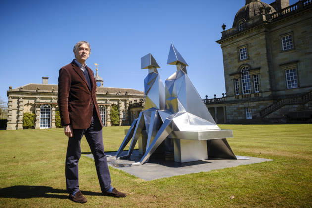 Lynn Chadwick Exhibition, Houghon, UK Houghon, UK, 29, April,2026 Opening of Lynn Chadwick retrospective at Houghton Hall in Norfolk showing two decades of the captors work at the home of Lord Cholmondeley. Claude Koenig (Chadwick’s assistant for 20 years), Rungwe Kingdon (both of Pangolin Editions foundry) and Sarah Chadwick (his daughter) with Large Barley Fork, which has never been public exhibited.  Copyright: xJasonxByex NINTCHDBPICT001077042208