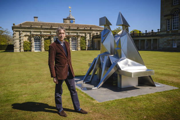 Lynn Chadwick Exhibition, Houghon, UK Houghon, UK, 29, April,2026 Opening of Lynn Chadwick retrospective at Houghton Hall in Norfolk showing two decades of the captors work at the home of Lord Cholmondeley. Claude Koenig (Chadwick’s assistant for 20 years), Rungwe Kingdon (both of Pangolin Editions foundry) and Sarah Chadwick (his daughter) with Large Barley Fork, which has never been public exhibited.  Copyright: xJasonxByex NINTCHDBPICT001077042207