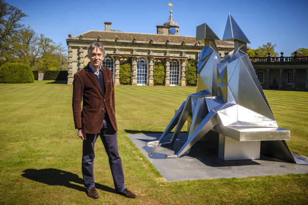 Lynn Chadwick Exhibition, Houghon, UK Houghon, UK, 29, April,2026 Opening of Lynn Chadwick retrospective at Houghton Hall in Norfolk showing two decades of the captors work at the home of Lord Cholmondeley. Claude Koenig (Chadwick’s assistant for 20 years), Rungwe Kingdon (both of Pangolin Editions foundry) and Sarah Chadwick (his daughter) with Large Barley Fork, which has never been public exhibited.  Copyright: xJasonxByex NINTCHDBPICT001077042217