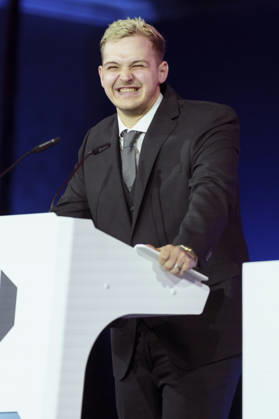 Tobias Huebi Hübenthal bei der Verleihung des Deutschen Computerspielpreises 2026 im Herkulessaal der Residenz. München, 29.04.2026