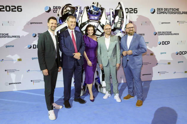 Felix Falk, Markus Söder, Dorothee Bär, Fabian Mehring und Lars Janssen bei der Verleihung des Deutschen Computerspielpreises 2026 im Herkulessaal der Residenz. München, 29.04.2026