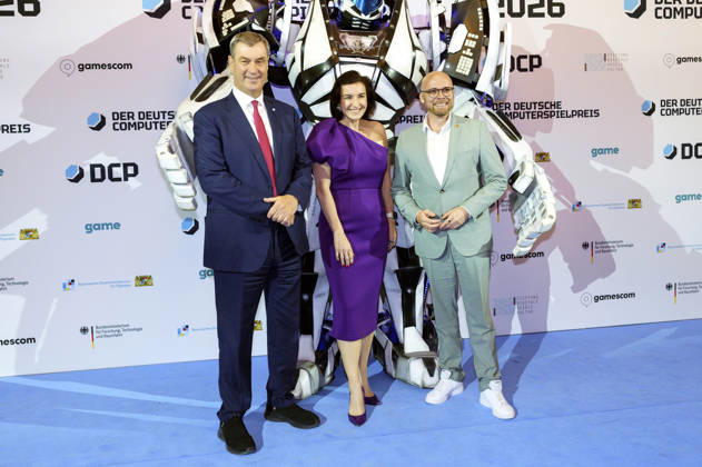 Markus Söder, Dorothee Bär und Fabian Mehring bei der Verleihung des Deutschen Computerspielpreises 2026 im Herkulessaal der Residenz. München, 29.04.2026