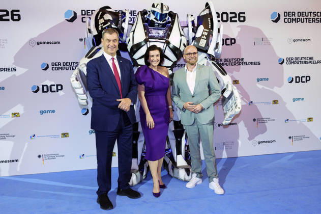Markus Söder, Dorothee Bär und Fabian Mehring bei der Verleihung des Deutschen Computerspielpreises 2026 im Herkulessaal der Residenz. München, 29.04.2026