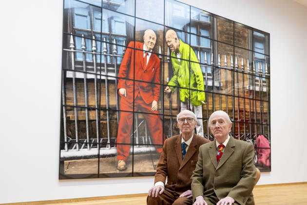 April 30, 2026, London, London, UK: LONDON, UK. Gilbert Prousch and George Passmore, known as Gilbert & George, with ‘CROMPTON STREETâ€⠢, 2020, from ‘THE NEW NORMAL PICTURESâ€⠢, at a preview of ‘Our George Crompton, WORLDS and WINDOWS by Gilbert & Georgeâ€⠢, a tribute to their friend, George Crompton with works from ‘THE NEW NORMAL PICTURESâ€⠢, exhibited alongside a selection of postcard art from ‘WORLDS and WINDOWSâ€⠢, and ‘THE URETHRA POSTCARD ARTâ€⠢. The show runs 1 May at The Gilbert & George Centre near Brick Lane. London UK - ZUMAl94_ 20260430_zaf_l94_017 Copyright: xStephenxChungx