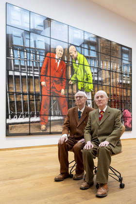 April 30, 2026, London, London, UK: LONDON, UK. Gilbert Prousch and George Passmore, known as Gilbert & George, with ‘CROMPTON STREETâ€⠢, 2020, from ‘THE NEW NORMAL PICTURESâ€⠢, at a preview of ‘Our George Crompton, WORLDS and WINDOWS by Gilbert & Georgeâ€⠢, a tribute to their friend, George Crompton with works from ‘THE NEW NORMAL PICTURESâ€⠢, exhibited alongside a selection of postcard art from ‘WORLDS and WINDOWSâ€⠢, and ‘THE URETHRA POSTCARD ARTâ€⠢. The show runs 1 May at The Gilbert & George Centre near Brick Lane. London UK - ZUMAl94_ 20260430_zaf_l94_018 Copyright: xStephenxChungx