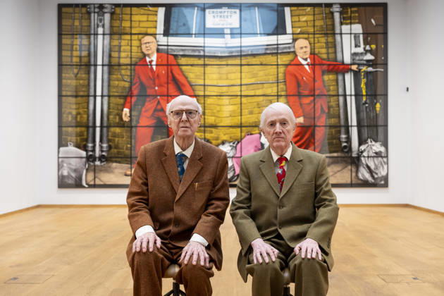 April 30, 2026, London, London, UK: LONDON, UK. Gilbert Prousch and George Passmore, known as Gilbert & George, with ‘CROMPTON STREETâ€⠢, 2020, from ‘THE NEW NORMAL PICTURESâ€⠢, at a preview of ‘Our George Crompton, WORLDS and WINDOWS by Gilbert & Georgeâ€⠢, a tribute to their friend, George Crompton with works from ‘THE NEW NORMAL PICTURESâ€⠢, exhibited alongside a selection of postcard art from ‘WORLDS and WINDOWSâ€⠢, and ‘THE URETHRA POSTCARD ARTâ€⠢. The show runs 1 May at The Gilbert & George Centre near Brick Lane. London UK - ZUMAl94_ 20260430_zaf_l94_019 Copyright: xStephenxChungx