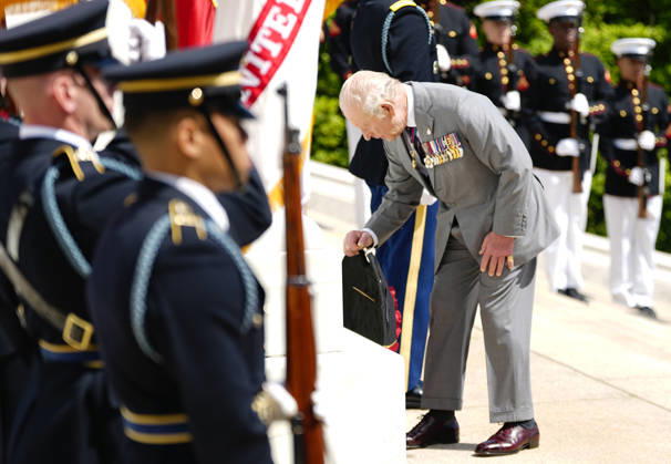 King Charles III and Queen Camilla participate in a Wreath Laying Ceremony at the Tomb of the Unknown Solider at Arlington National Cemetery in Arlington, Virginia on Thursday, April 30, 2026. The King and Queen are ending their four-day state visit to the U.S. in Virginia before returning to the U.K. this evening.  ARL20260430238 BONNIExCASH