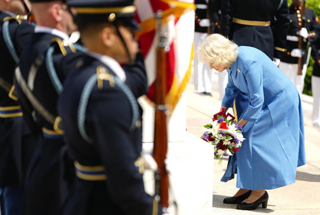 Queen Camilla participates in a Wreath Laying Ceremony at the Tomb of the Unknown Solider at Arlington National Cemetery in Arlington, Virginia on Thursday, April 30, 2026. The King and Queen are ending their four-day state visit to the U.S. in Virginia before returning to the U.K. this evening.  ARL20260430241 BONNIExCASH