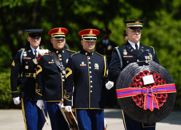Members of the Military Honor Guard prepare for the arrival of King Charles III and Queen Camilla who will participate in a Wreath Laying Ceremony at the Tomb of the Unknown Solider at Arlington National Cemetery in Arlington, Virginia on Thursday, April 30, 2026. The King and Queen are ending their four-day state visit to the U.S. in Virginia before returning to the U.K. this evening.  ARL2026043023556 BONNIExCASH