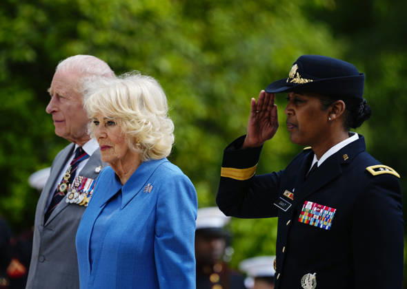 King Charles III and Queen Camilla participate in a Wreath Laying Ceremony at the Tomb of the Unknown Solider at Arlington National Cemetery in Arlington, Virginia on Thursday, April 30, 2026. The King and Queen are ending their four-day state visit to the U.S. in Virginia before returning to the U.K. this evening.  ARL2026043023571 BONNIExCASH