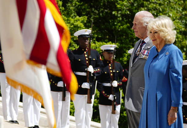 King Charles III and Queen Camilla participate in a Wreath Laying Ceremony at the Tomb of the Unknown Solider at Arlington National Cemetery in Arlington, Virginia on Thursday, April 30, 2026. The King and Queen are ending their four-day state visit to the U.S. in Virginia before returning to the U.K. this evening.  ARL2026043023573 BONNIExCASH