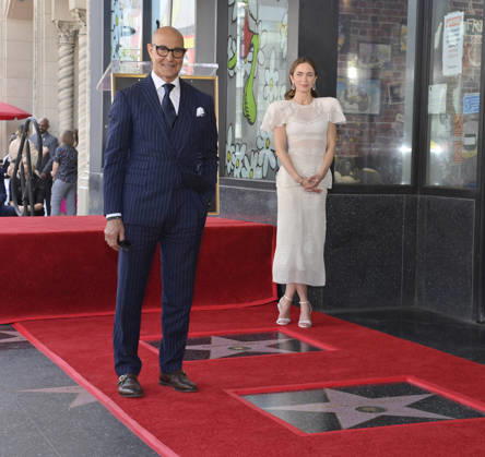Actors Stanley Tucci (L) and Emily Blunt stand next to their stars during a double unveiling ceremony honoring Blunt and Tucci with the 2,841st and 2,842nd star respectively on the Hollywood Walk of Fame in Los Angeles on Thursday, April 30, 2026.  LAP2026043004 JIMxRUYMEN