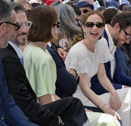 Actor Emily Blunt reacts to comments during a double unveiling ceremony honoring Blunt and Tucci with the 2,841st and 2,842nd star respectively on the Hollywood Walk of Fame in Los Angeles on Thursday, April 30, 2026.  LAP2026043031 JIMxRUYMEN
