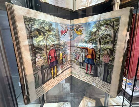 April 30, 2026, New York, New York, USA: A view of Academie de Espee, (Academy of the Sword), published in 1630 by Flemish master Girard Thibault d Anvers, a highly detailed 17th-century Dutch fencing manual, offered by Antiquariaat FORUM (Forum Rare Books for $750,000, seen at the press preview for the ABAA New York International Antiquarian Book Fair held at the Park Avenue Armory. Considered the greatest fencing manual of all time, with 45 enormous double-page illustration plates, colored in 1629 by the painter David Bailly, for King Louis XIIIs second cousin Henri II de Bourbon, Prince of Conde. New York USA - ZUMAk03_ 20260430_zaf_k03_041 Copyright: xNancyxKaszermanx