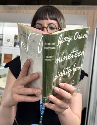 April 30, 2026, New York, New York, USA: Bookseller Liz Hopkins views a fine first edition of Nineteen Eighty-Four (1984) by George Orwell, offered by Burnside Rare Books for $75,000, seen at the press preview for the ABAA New York International Antiquarian Book Fair held at the Park Avenue Armory. New York USA - ZUMAk03_ 20260430_zaf_k03_012 Copyright: xNancyxKaszermanx