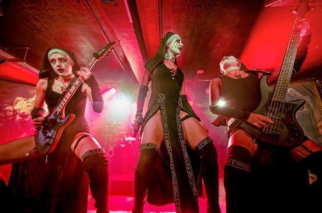 May 1, 2026, Manchester, United Kingdom: LAMIA ( Guitar ), LILITH (vocals ) And NIXE (bass) of Dogma, a female Rock band, performing at Club Acadmey, Manchester UK Manchester United Kingdom  - ZUMAp211 20260501_aap_p211_010 Copyright: xAndyxVonxPipx