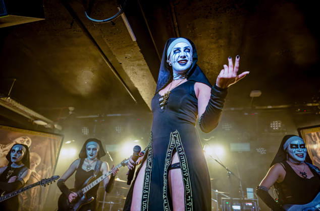 May 1, 2026, Manchester, United Kingdom: RUSALKA guitar, LAMIA .Guitar. LILITH vocals and NIXE bass of Dogma, a female Rock band, performing at Club Academy, Manchester UK Manchester United Kingdom  - ZUMAp211 20260501_aap_p211_011 Copyright: xAndyxVonxPipx