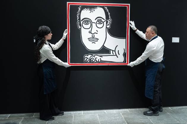 May 1, 2026, Bronx, New York, USA: Auction assistants pose with Keith Haring Self-Portrait during May Marquee Modern & Contemporary Auctions press preview at Sotheby s The Breuer in New York, NY on May 1, 2026. Bronx USA  - ZUMAr339 20260501_znp_r339_021 Copyright: xLevxRadinx