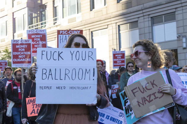 May 1, 2026, New York, New York, USA: Unions, immigrant organizations and community advocates marched to Foley Square in Manhattan s Civic Center after a rally in Washington Square Park commemorating May Day, or International WorkersÃ¢â‚¬â ¢ Day. People hold signs that read FUCK YOUR BALLROOM PEOPLE NEED HEALTHCARE FUCK NAZIS. Demonstrators denounce the Trump administration for assaults on working people and the Labor Movement calling for unity, collective action, and protections for all workers. New York USA - ZUMAr174 20260501_znp_r174_092 Copyright: xGinaxMxRandazzox