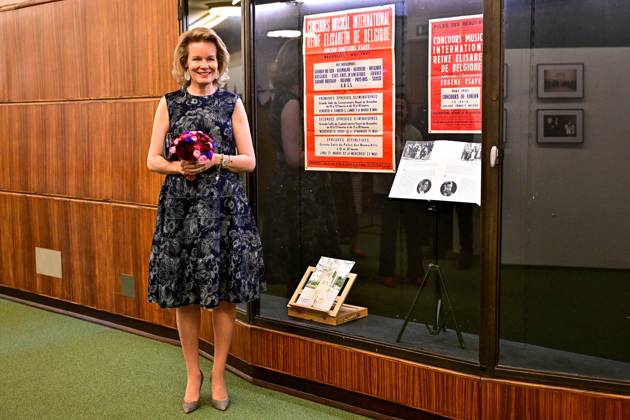 Queen Mathilde of Belgium attends a royal visit to the 75 years of history exhibition on the Queen Elisabeth Competition, at the Brussels Flagey concert hall, Monday 04 May 2026. This year s edition of the competition, focusing on the cello, takes place from 4 tot 30 May.  DIRKxWAEM 172855318