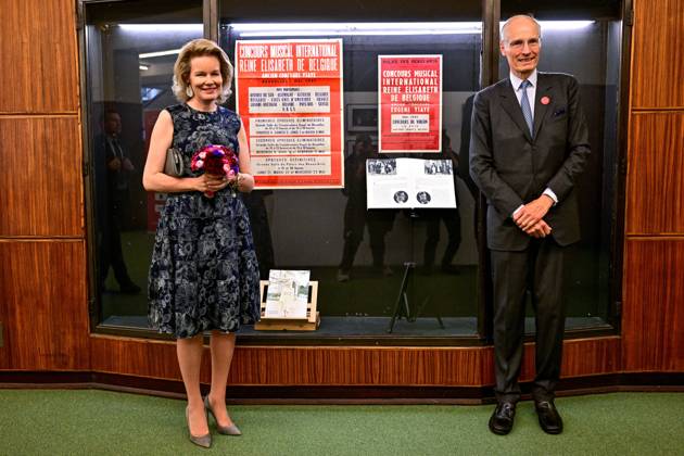 Queen Mathilde of Belgium and Queen Elisabeth Competition President Count Yvan de Launoit attend the 75 years of history exhibition on the Queen Elisabeth Competition, at the Brussels Flagey concert hall, Monday 04 May 2026. This year s edition of the competition, focusing on the cello, takes place from 4 tot 30 May.  DIRKxWAEM 172856656