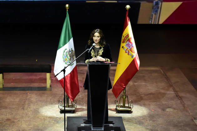 The President of the Community of Madrid, Isabel Diaz Ayuso, speaks during the meeting â€oeCelebration of Evangelization and Miscegenation in Mexico: Malinche and Cortes,†as part of her Working visit to Mexico at Fronton Mexico. on May 4, 2026, in Mexico City, Mexico. Mexico City Mexico - ZUMAe321 20260504_zia_e321_009 Copyright: xLuisxBarronx