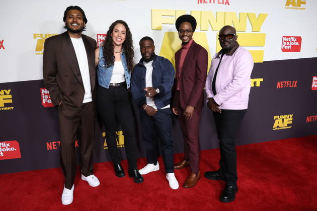 Funny AF with Kevin Hart LOS ANGELES, CALIFORNIA - MAY 05: Usama Siddiquee, Caitlin Peluffo, Kevin Hart, Ron Taylor and Reg Thomas at as Netflix Is A Joke Festival Presents: Funny AF with Kevin Hart at The United Theater on Broadway on May 05, 2026 in Los Angeles, California. Credit: AdMedia EDITORIAL USE ONLY  Copyright: xx AdMediax admphotostwo987139