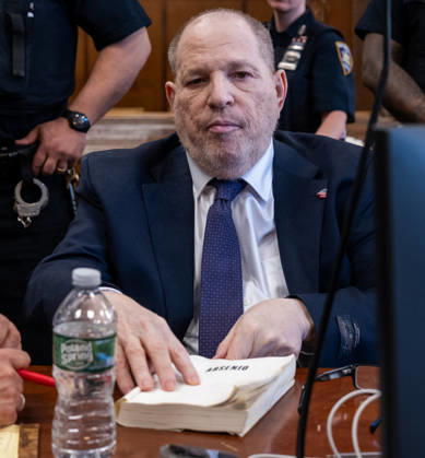 Former Hollywood film producer Harvey Weinstein appears in Manhattan criminal court for the retrial of his rape case on Thursday, May 7, 2026, in New York City. Weinstein, the disgraced former Hollywood producer, will be tried for a third time by New York prosecutors in the sexual assault case of Jessica Mann. The memoir Arsenio sits on the table in front of Weinstein. Pool  NYX20260507201 SpencerxPlatt