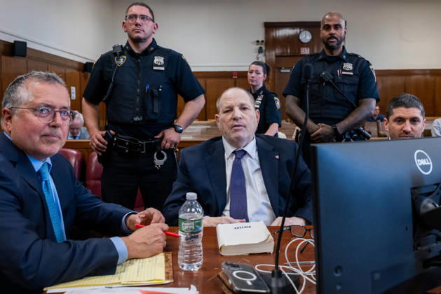 Former Hollywood film producer Harvey Weinstein appears in Manhattan criminal court for the retrial of his rape case on Thursday, May 7, 2026, in New York City. Weinstein, the disgraced former Hollywood producer, will be tried for a third time by New York prosecutors in the sexual assault case of Jessica Mann. The memoir Arsenio sits on the table in front of Weinstein. Pool  NYX20260507204 SpencerxPlatt