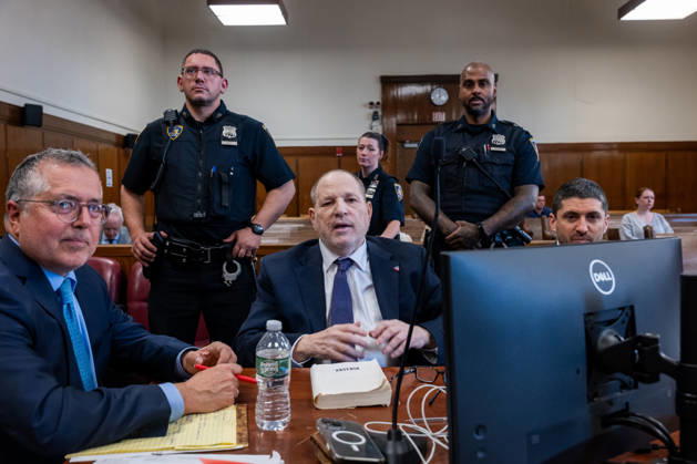 Former Hollywood film producer Harvey Weinstein appears in Manhattan criminal court for the retrial of his rape case on Thursday, May 7, 2026, in New York City. Weinstein, the disgraced former Hollywood producer, will be tried for a third time by New York prosecutors in the sexual assault case of Jessica Mann. The memoir Arsenio sits on the table in front of Weinstein. Pool  NYX20260507206 SpencerxPlatt