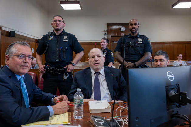 Former Hollywood film producer Harvey Weinstein appears in Manhattan criminal court for the retrial of his rape case on Thursday, May 7, 2026, in New York City. Weinstein, the disgraced former Hollywood producer, will be tried for a third time by New York prosecutors in the sexual assault case of Jessica Mann. The memoir Arsenio sits on the table in front of Weinstein. Pool  NYX20260507207 SpencerxPlatt