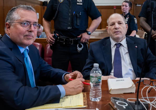Former Hollywood film producer Harvey Weinstein appears in Manhattan criminal court for the retrial of his rape case on Thursday, May 7, 2026, in New York City. Weinstein, the disgraced former Hollywood producer, will be tried for a third time by New York prosecutors in the sexual assault case of Jessica Mann. The memoir Arsenio sits on the table in front of Weinstein. Pool  NYX20260507208 SpencerxPlatt