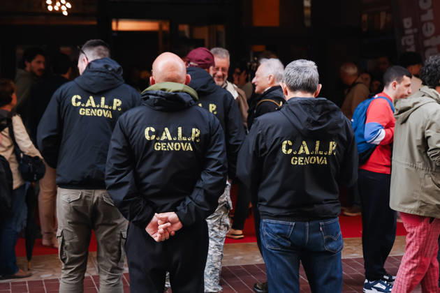 Sestri Levante, The red carpet for the world premiere of the documentary Article 11 - Italy Repudiates War during the RIFF Riviera International Film Festival. Pictured: Members of the Genoa Port Workers Collective (CALP) at the premiere.  Copyright: xAlessandroxBremecx xipa-agency.netx xx IPA_Agency_IPA74497865