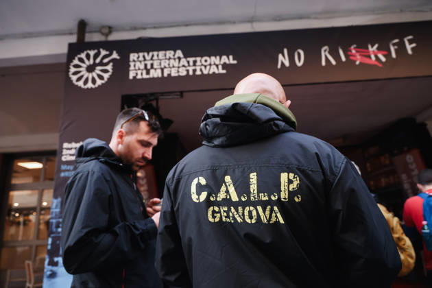 Sestri Levante, The red carpet for the world premiere of the documentary Article 11 - Italy Repudiates War during the RIFF Riviera International Film Festival. Pictured: Members of the Genoa Port Workers Collective (CALP) at the premiere.  Copyright: xAlessandroxBremecx xipa-agency.netx xx IPA_Agency_IPA74497889