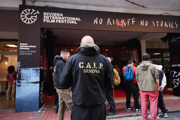 Sestri Levante, The red carpet for the world premiere of the documentary Article 11 - Italy Repudiates War during the RIFF Riviera International Film Festival. Pictured: Members of the Genoa Port Workers Collective (CALP) at the premiere.  Copyright: xAlessandroxBremecx xipa-agency.netx xx IPA_Agency_IPA74497896