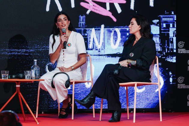 Sestri Levante, Masterclasses during the RIFF Riviera International Film Festival. Pictured: Saja Kilani (Canadian-Jordanian actress of Palestinian origin, star of the film The Voice of Hind Rajab ), Lara Abul Failat (casting agent)  Copyright: xAlessandroxBremecx xipa-agency.netx xx IPA_Agency_IPA74498094
