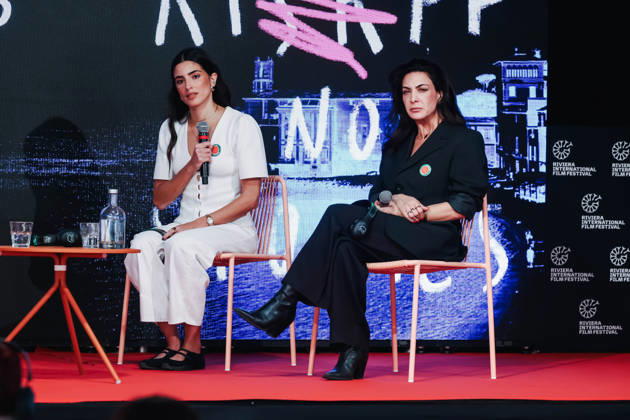Sestri Levante, Masterclasses during the RIFF Riviera International Film Festival. Pictured: Saja Kilani (Canadian-Jordanian actress of Palestinian origin, star of the film The Voice of Hind Rajab ), Lara Abul Failat (casting agent)  Copyright: xAlessandroxBremecx xipa-agency.netx xx IPA_Agency_IPA74498086