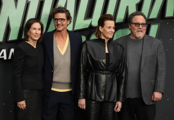 Star Wars The Mandalorian and Gogu film fan event. London, UK. Kathleen Kennedy, Pedro Pascal , Sigourney Weaver and Jon Favreau at the Star Wars The Mandalorian and Gogu film fan event. Leicester Square. 7th May 2026. LMK11-S070526-001 Steve Bealing Landmark Media . 