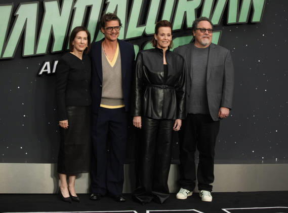 Star Wars The Mandalorian and Gogu film fan event. London, UK. Kathleen Kennedy, Pedro Pascal , Sigourney Weaver and Jon Favreau at the Star Wars The Mandalorian and Gogu film fan event. Leicester Square. 7th May 2026. LMK11-S070526-001 Steve Bealing Landmark Media . 