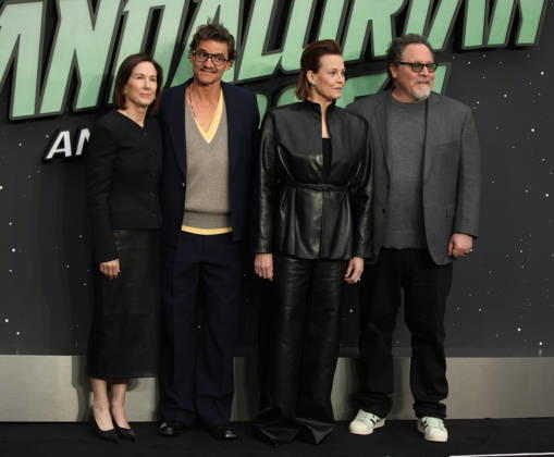 Star Wars The Mandalorian and Gogu film fan event. London, UK. Kathleen Kennedy, Pedro Pascal , Sigourney Weaver and Jon Favreau at the Star Wars The Mandalorian and Gogu film fan event. Leicester Square. 7th May 2026. LMK11-S070526-001 Steve Bealing Landmark Media . 