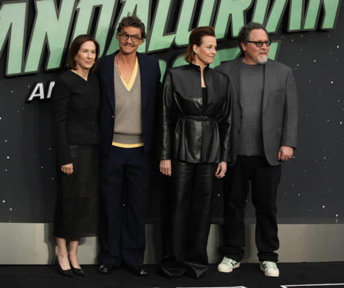 Star Wars The Mandalorian and Gogu film fan event. London, UK. Kathleen Kennedy, Pedro Pascal , Sigourney Weaver and Jon Favreau at the Star Wars The Mandalorian and Gogu film fan event. Leicester Square. 7th May 2026. LMK11-S070526-001 Steve Bealing Landmark Media . 